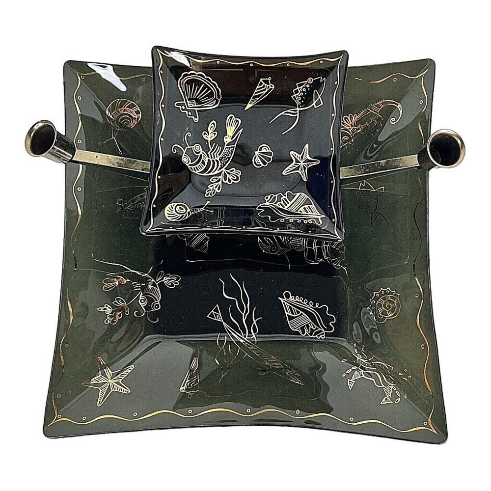 2 Tier Black Glass Tray Dish Gold Sea Creatures‎ Candle Holder MCM Chip Dip VTG